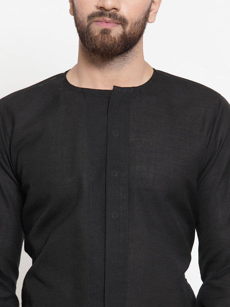 Black Kurta With Aligarh Pajama Set in Linen For Men by Luxury at Less