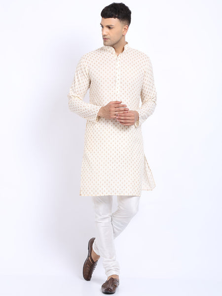 Printed Cream Cotton Kurta with Churidar Pajama by Luxury at Less