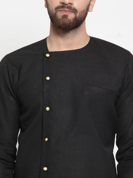 Black Kurta With Churidar Pajama Set in Linen For Men by Luxury at Less