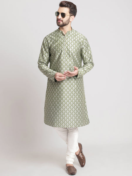 Designer Golden Green Brocade Silk Kurta With Churidar Pajama By Luxury at Less