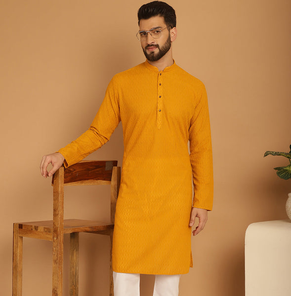 Designer Mustard Yellow Chikankari Embroidered Kurta Pajama Set by Luxury at Less