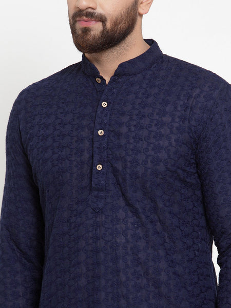 Navy Blue Cotton Chikankari Lucknowi Jaal Embroidered Kurta with Churidar Pajama For Men Luxury at Less