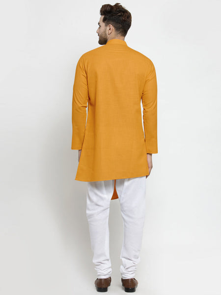 Designer Mustard Yellow Linen Kurta With White Churidar Pajama For Men By Luxury at Less