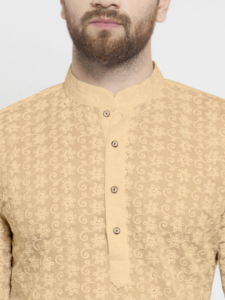 Embroidered Cotton Chikankari Beige Kurta With Aligarh Pajama For Men By Luxury at Less