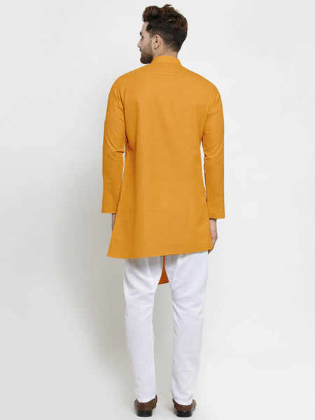 Designer Mustard Yellow Linen Kurta With White Aligarh Pajama For Men By Luxury at Less