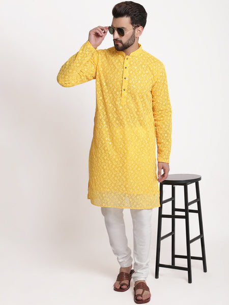 Yellow Chikankari Floral Embroidery Kurta With Churidar Pajama by Luxury at Less