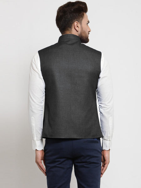 Men Grey Solid Nehru Jacket By Luxury at Less