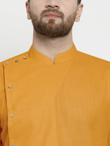 Designer Mustard Yellow Linen Kurta With White Churidar Pajama For Men By Luxury at Less