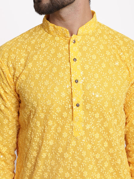 Yellow Chikankari Floral Embroidery Kurta With Churidar Pajama by Luxury at Less