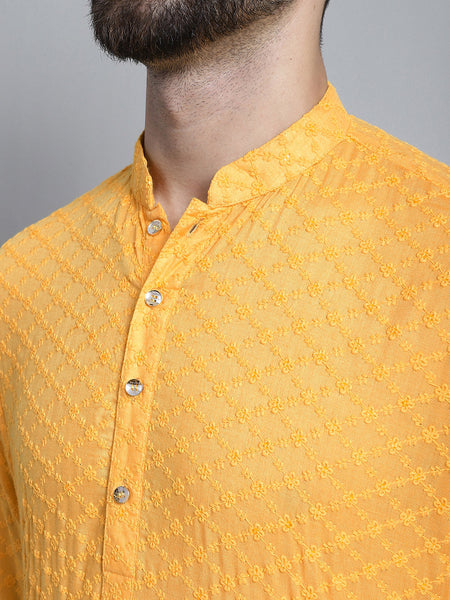 Yellow Chikankari Embroidery Cotton Kurta Pajama Set by Luxury at Less