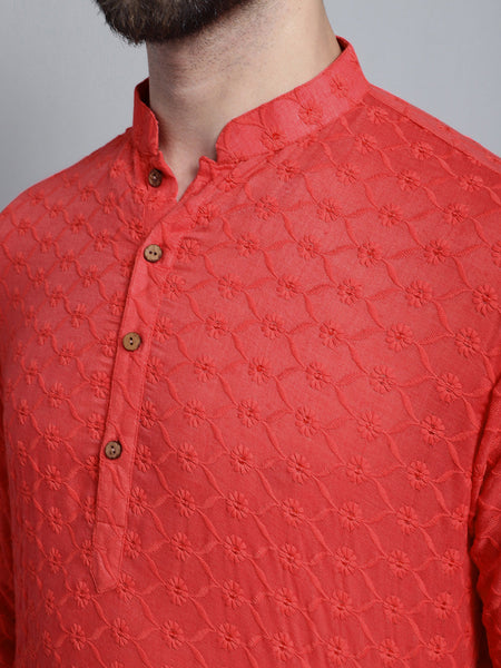 Carrot Red Chikankari Embroidery Cotton Kurta Pajama by Luxury at Less