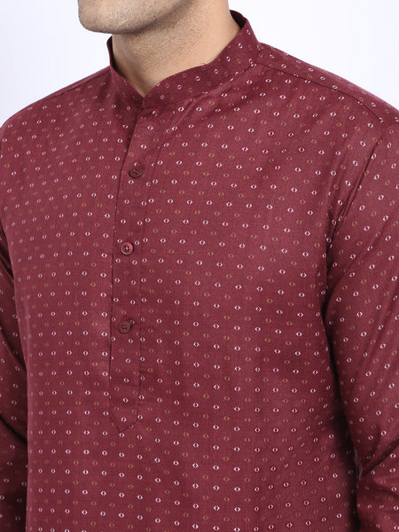 Printed Maroon Cotton Kurta with Churidar Pajama by Luxury at Less