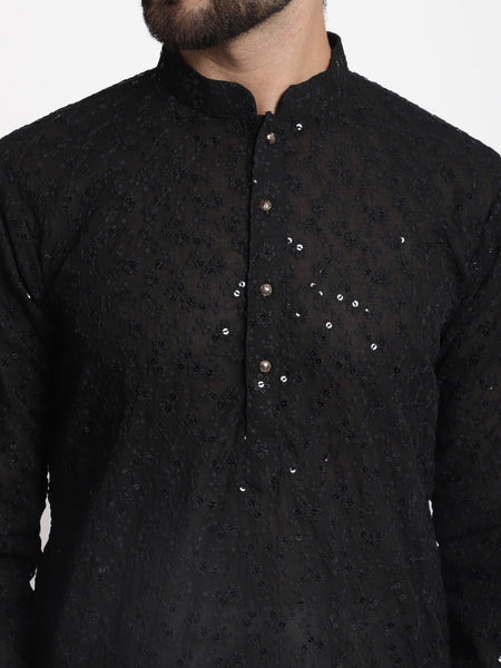 Black Chikankari Floral Embroidery Kurta With Churidar Pajama by Luxury at Less