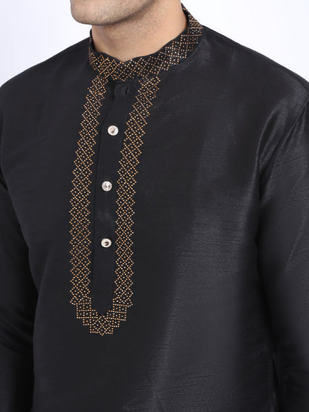 Embellished Black Brocade Kurta with Aligarh Pajama by Luxury at Less