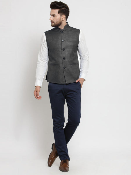 Men Grey Solid Nehru Jacket By Luxury at Less