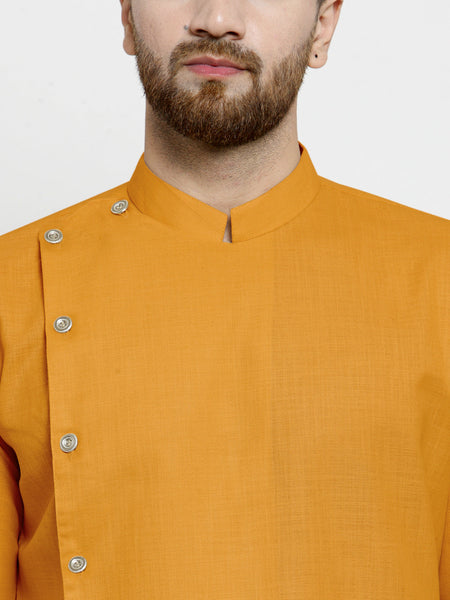 Designer Mustard Yellow Linen Kurta With White Churidar Pajama For Men By Luxury at Less