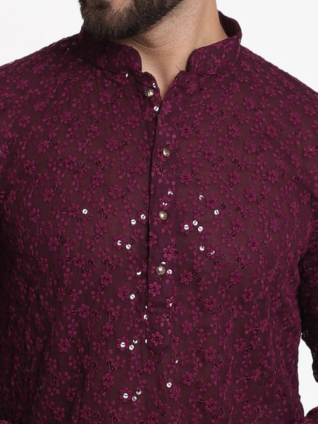 Wine Chikankari Floral Embroidery Kurta With Churidar Pajama by Luxury at Less