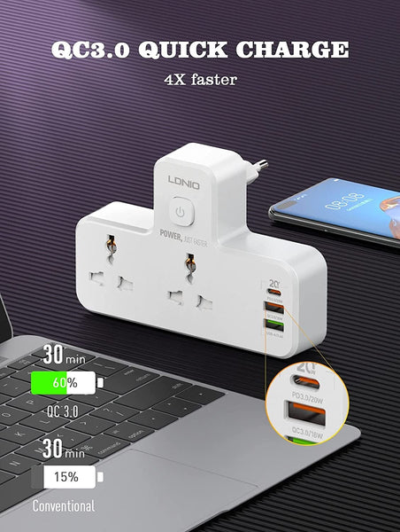 20W 3-Port USB Charger Extension Power Strip with 1 * 20W USB-C PD Power Delivery / 1 * 18W USB QC3.0/1 * USB-A Wall Charger Adapter (GET FREE KN95 MASK ON YOUR PURCHASE) - Luxury at Less