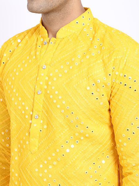 Yellow Georgette Mirror Work Embroidered Kurta with Churidar Pajama by Luxury at Less