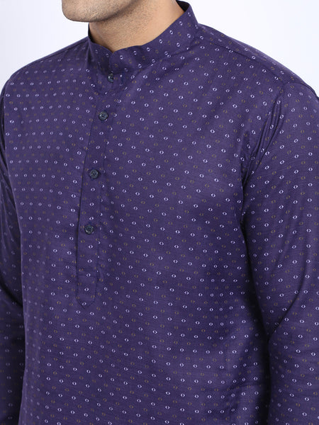 Printed Blue Cotton Kurta with Churidar Pajama by Luxury at Less