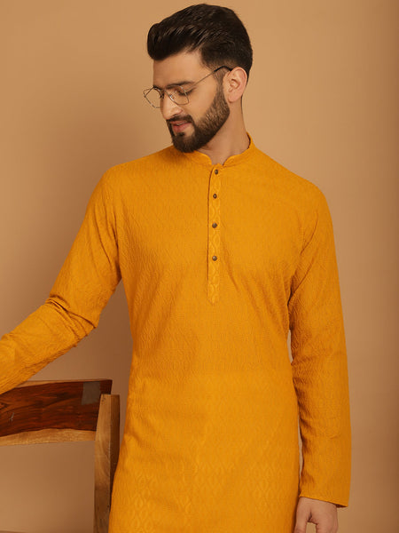 Designer Mustard Yellow Chikankari Embroidered Kurta Pajama Set by Luxury at Less