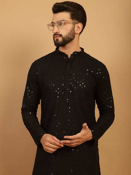 Embellished Sequinned Chikankari Embroidered Black Kurta Pajama Set by Luxury at Less