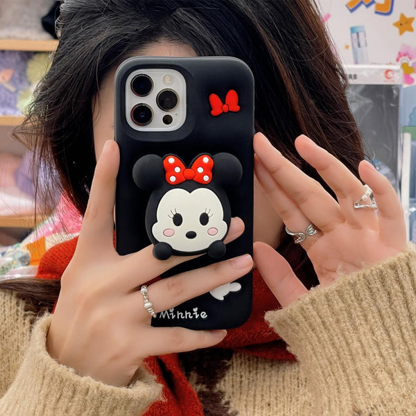 3D Minnie Holder Cute Cartoon Soft Silicone Back Case for iPhone 12 ,13 14 and 15 Series