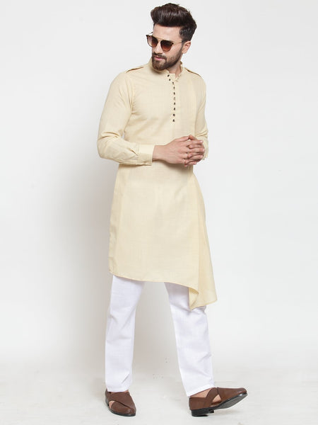 Beige Kurta With Aligarh Pajama Set in Linen For Men by Luxury at Less