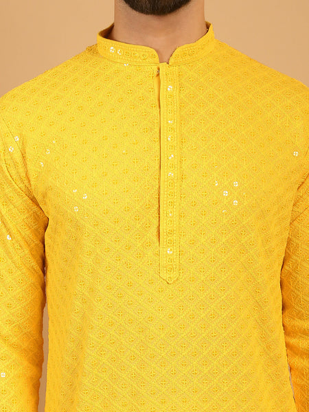 Embellished Sequinned Chikankari Embroidered Yellow Kurta Pajama Set by Luxury at Less