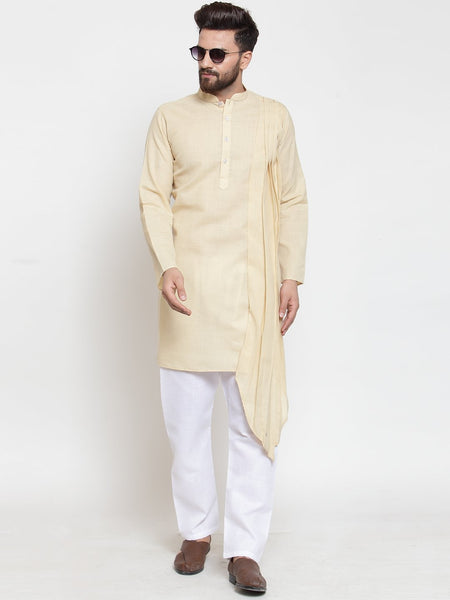 Beige Kurta With Aligarh Pajama Set in Linen For Men by Luxury at Less