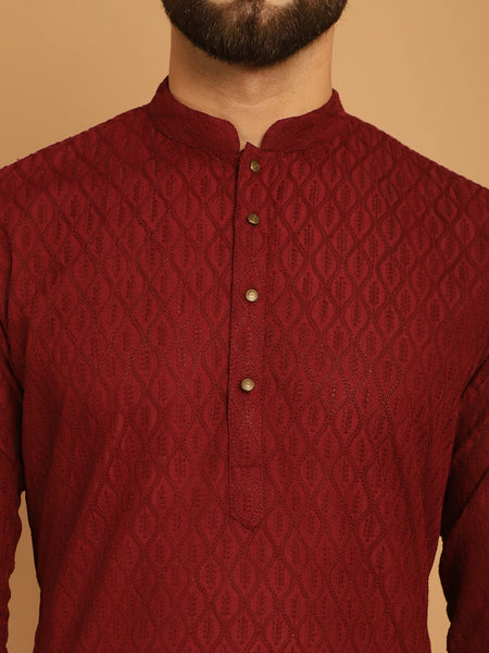 Designer Maroon Chikankari Embroidered Kurta Pajama Set by Luxury at Less