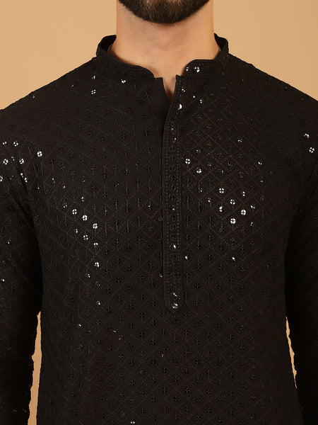 Embellished Sequinned Chikankari Embroidered Black Kurta Pajama Set by Luxury at Less