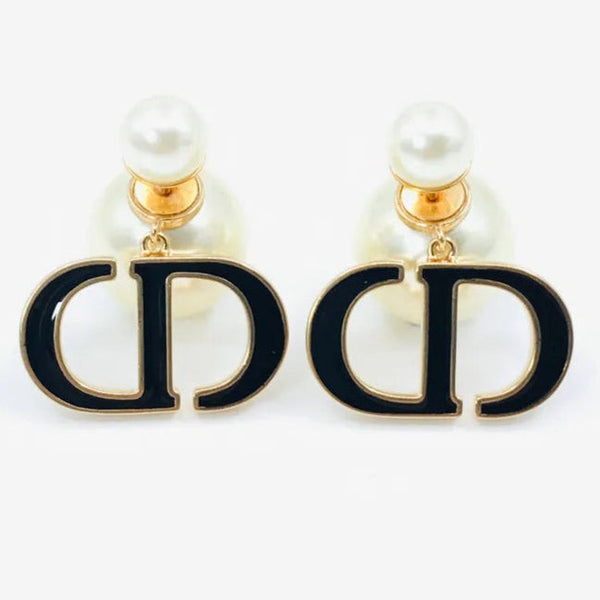 Pearl and black enamel CD Earrings