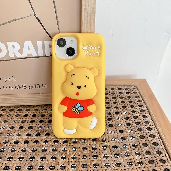 3D Cute Cartoon Winnie-the-Pooh with Holder Soft Silicone Back Case for iPhone 12 ,13 14 and 15 Series