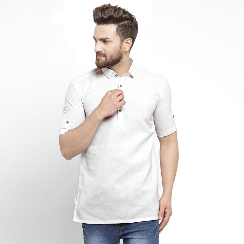 Designer White Short Lenin Kurta for Men by Luxury at Less