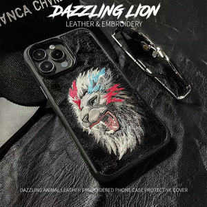 3D EMBROIDERED LEATHER LION CASE FOR iPhone 14 & 15 Series