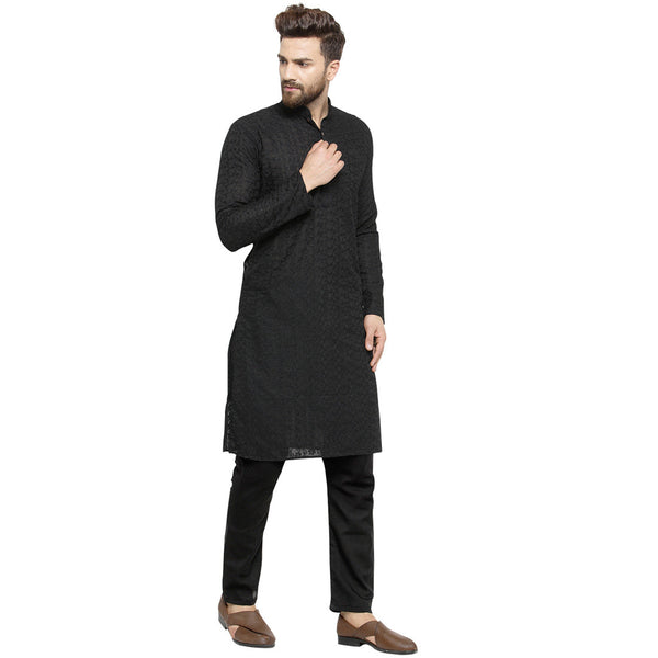 Black Cotton Chikankari Lucknowi Jaal Embroidered Kurta with Aligarh Pajama by Luxury at Less