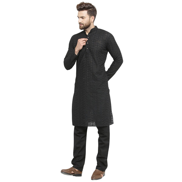 Black Cotton Chikankari Lucknowi Jaal Embroidered Kurta with Aligarh Pajama by Luxury at Less