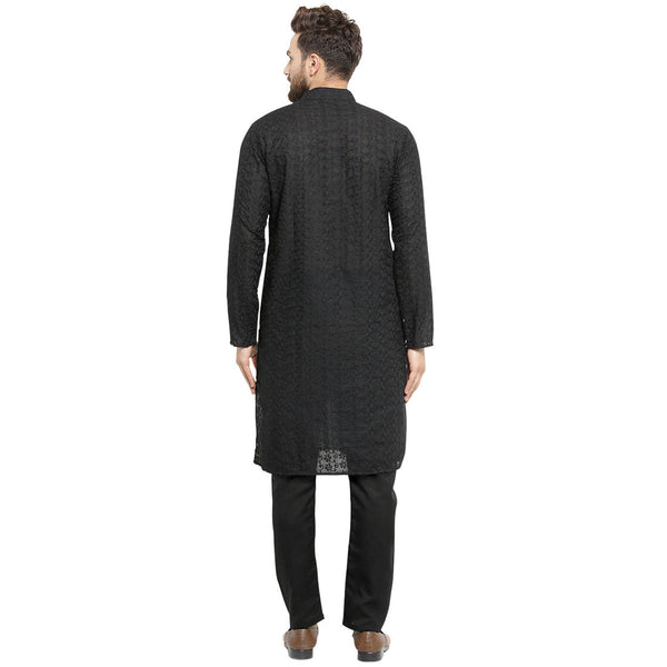 Black Cotton Chikankari Lucknowi Jaal Embroidered Kurta with Aligarh Pajama by Luxury at Less