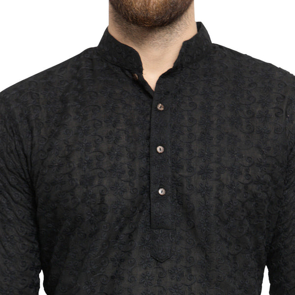 Black Cotton Chikankari Lucknowi Jaal Embroidered Kurta with Aligarh Pajama by Luxury at Less