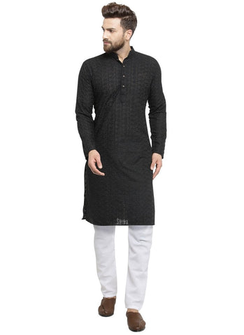 Black Cotton Chikankari Lucknowi Jaal Embroidered Kurta with Aligarh Pajama by Luxury at Less