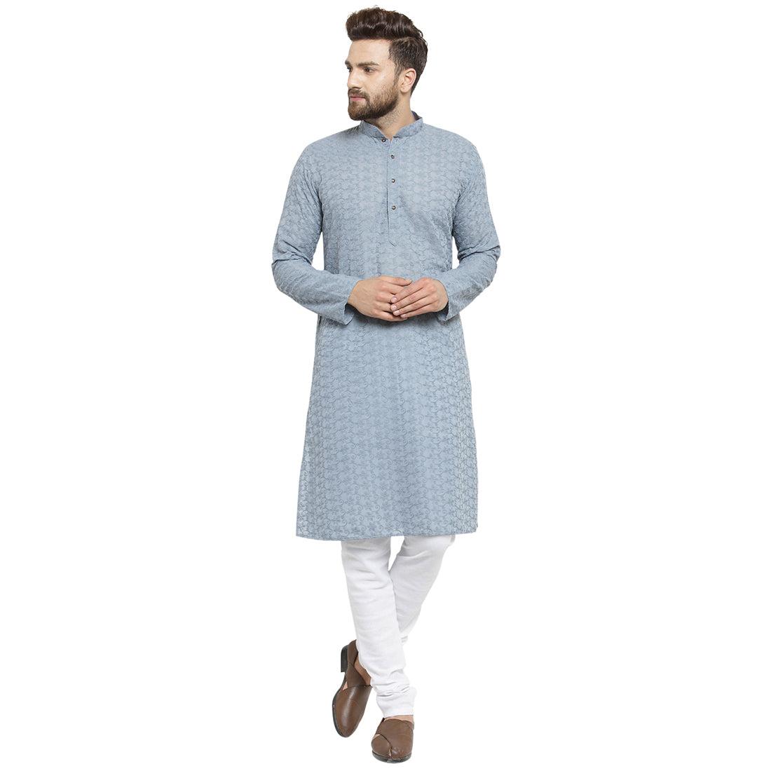 Light Grey Cotton Chikankari Lucknowi Jaal Embroidered Kurta with Churidar Pajama For Men by Luxury at Less