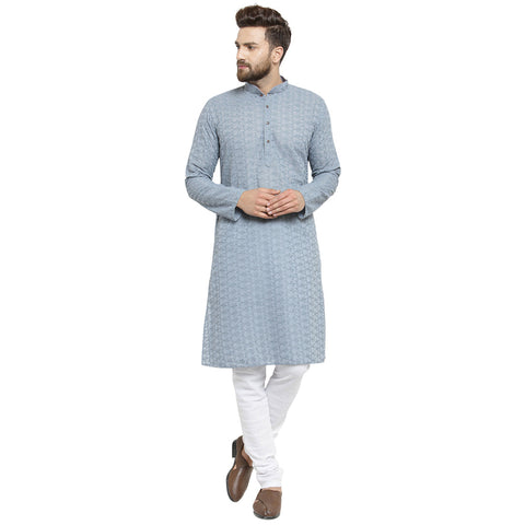 Light Grey Cotton Chikankari Lucknowi Jaal Embroidered Kurta with Churidar Pajama For Men by Luxury at Less