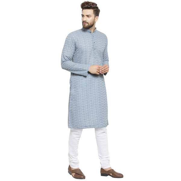 Light Grey Cotton Chikankari Lucknowi Jaal Embroidered Kurta with Churidar Pajama For Men by Luxury at Less