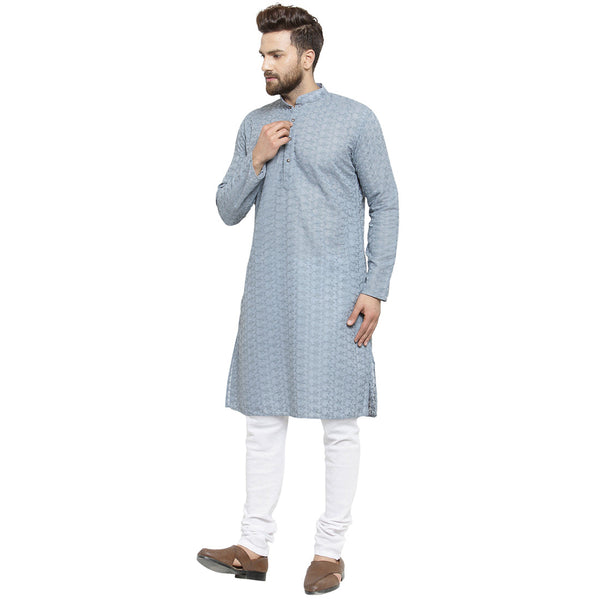 Light Grey Cotton Chikankari Lucknowi Jaal Embroidered Kurta with Churidar Pajama For Men by Luxury at Less