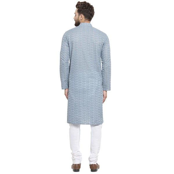 Light Grey Cotton Chikankari Lucknowi Jaal Embroidered Kurta with Churidar Pajama For Men by Luxury at Less