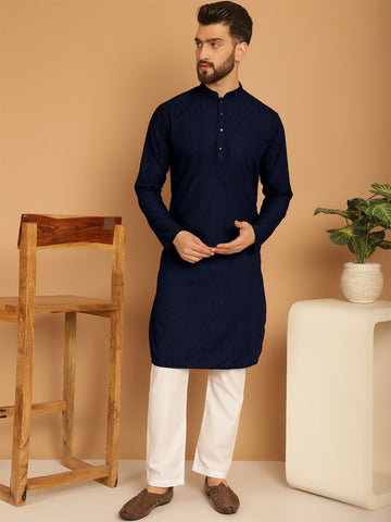 Designer Navy Blue Chikankari Embroidered Kurta Pajama Set by Luxury at Less