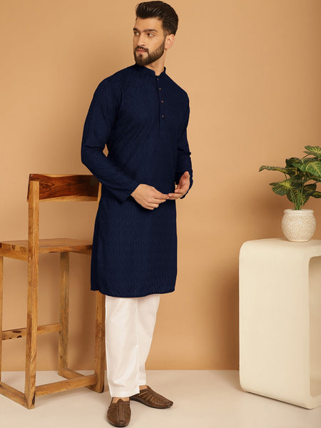 Designer Navy Blue Chikankari Embroidered Kurta Pajama Set by Luxury at Less