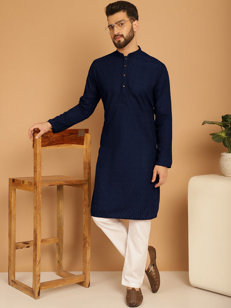 Designer Navy Blue Chikankari Embroidered Kurta Pajama Set by Luxury at Less