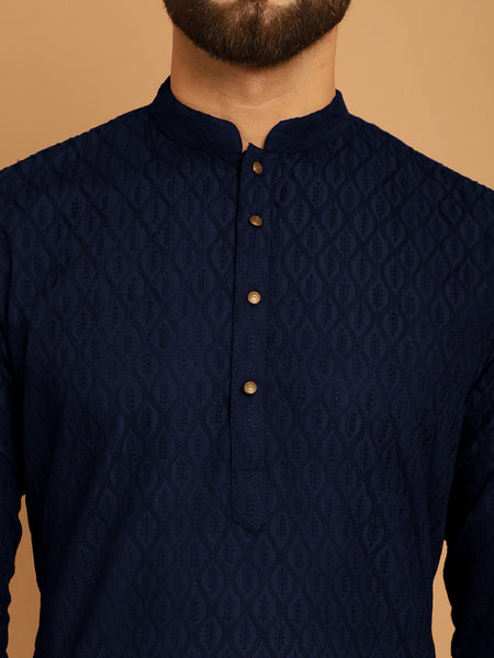 Designer Navy Blue Chikankari Embroidered Kurta Pajama Set by Luxury at Less